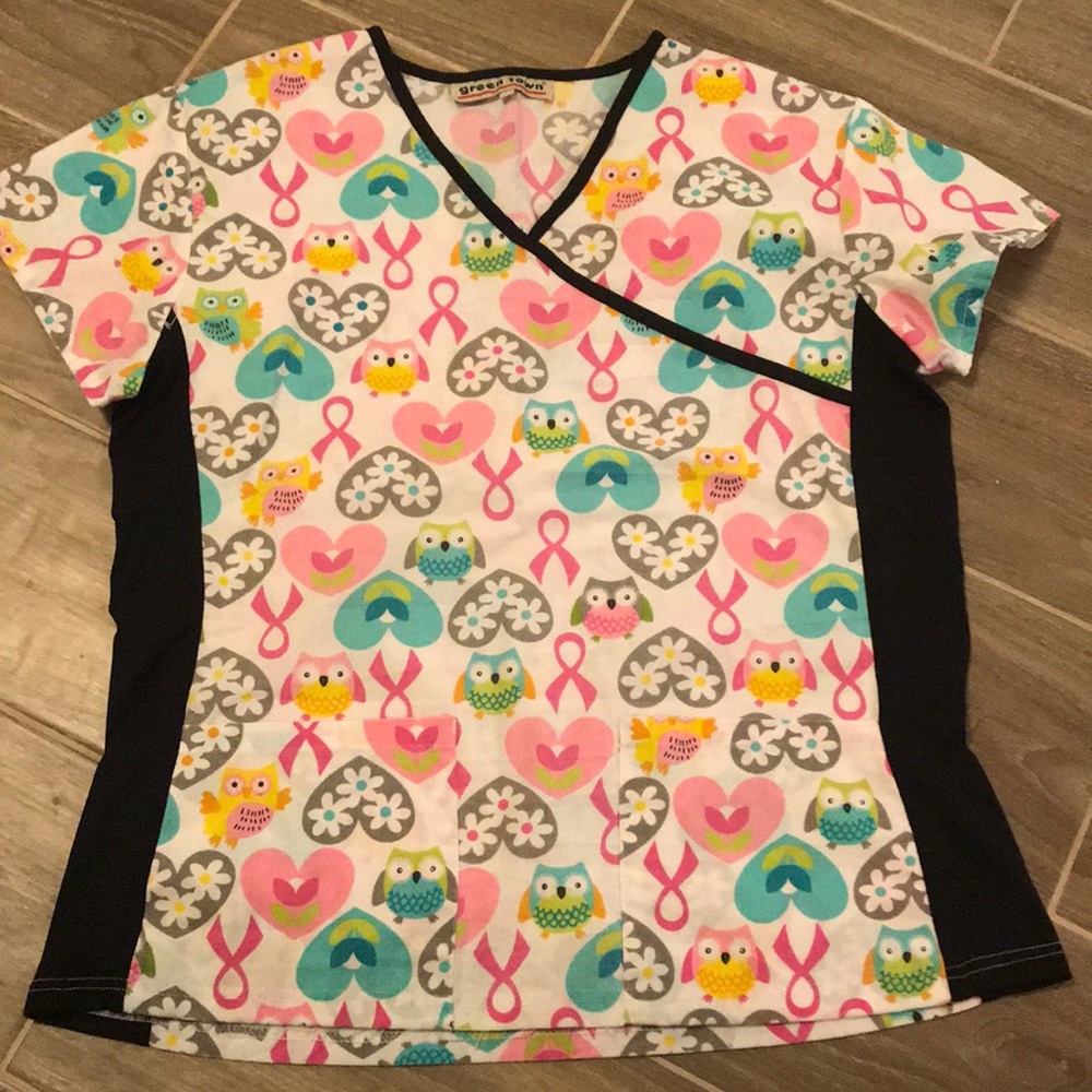 Scrub top owls and pink ribbon w/ black detail
